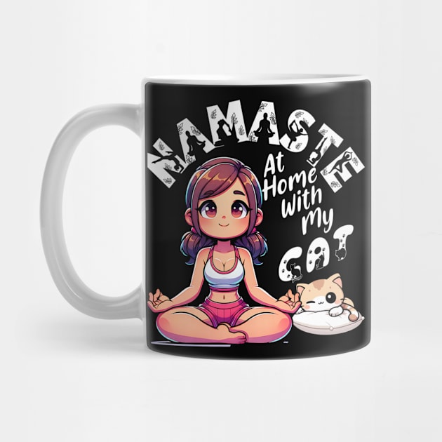 Namaste At Home With My Cat T-Shirt: Pretty Woman and Sleepy Cat - Cozy Home Tee by Designed By Marty